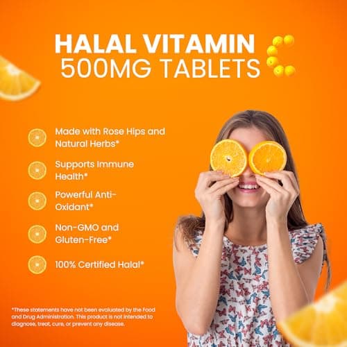 Halal Vitamin C 500mg Tablets Support Immune System, Natural Antioxidant - Vegan - Gluten-Free - 2 Months Supply