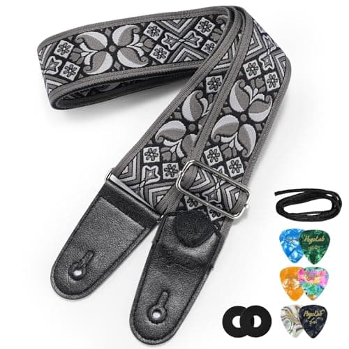 Jacquard Embroidery Bass Strap, 2" Wide Cotton with Leather Ends & Locks — Grey