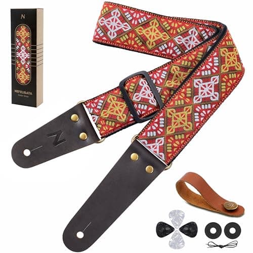 Vintage Embroidered Nefelibata Guitar Strap with Cowhide Ends, 1 Pair Locks & Picks — Shield