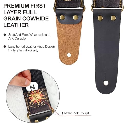 Sun & Moon Embroidery Guitar Straps by Nefelibata - Head Cowhide Leather Ends, 1 Pair