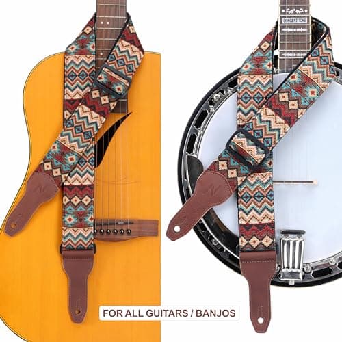 Nefelibata Banjo Strap, Double Full Grain Cowhide Guitar Strap, Adjustable Replacement, Multi-pattern Guitar Strap With Headstock Rope(Boho Brown)