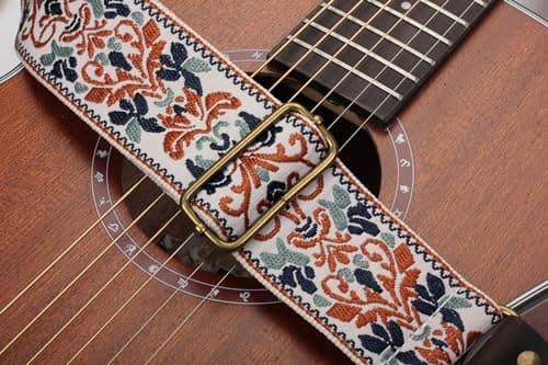 Embroidered Cotton Guitar Strap with Leather Ends for Bass and Electric Guitar