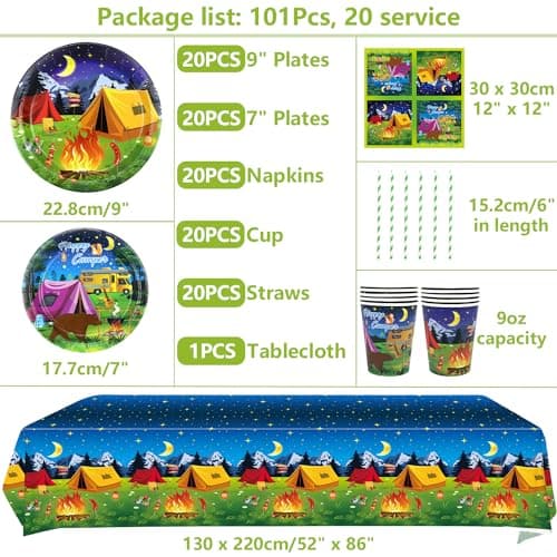 Camping Party Supplies for 20 - Plates, Cups, Napkins, Tablecloth
