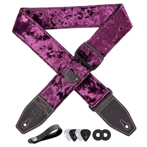 2 Inch Velvet Guitar Strap with Full Grain Leather Ends - Bass, Electric & Acoustic Compatible — Dark Purple