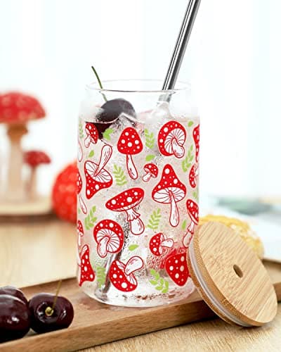 Cowgirl Aesthetic 16oz Beer Can Glasses with Lids and Straws for Soda and Iced Beverages — Mushroom