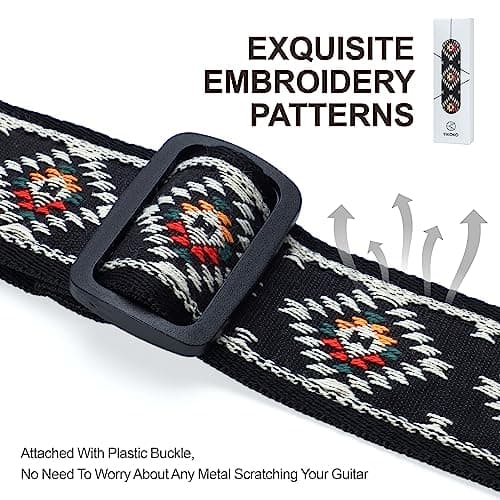 Guitar Strap 2 Inch Embroidery Cotton Guitar Straps with Full Grain Leather End for Bass Electric and Acoustic Guitars Free Strap Button