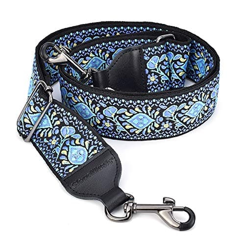 Banjo Strap Guitar Strap with Leather Ends and Metal Clips (Flowers) — Blue