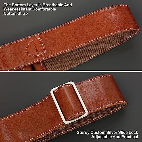Full Grain Leather Guitar Strap with Pick Pocket for Bass, Electric & Acoustic Guitar