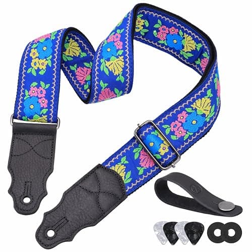 Head Layer Cowhide Leather Guitar Strap, 2" Wide, 2 Locks, 4 Picks Included — Blue Flowers