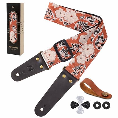 Nefelibata Guitar Strap with Hidden Pocket for Bass, Electric, and Acoustic Guitars — Beige Flower