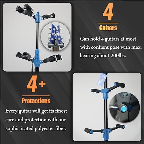 Auto-Lock Quadruple Guitar Stand with Solid Tripod for Acoustic, Electric, Classical Guitars and More