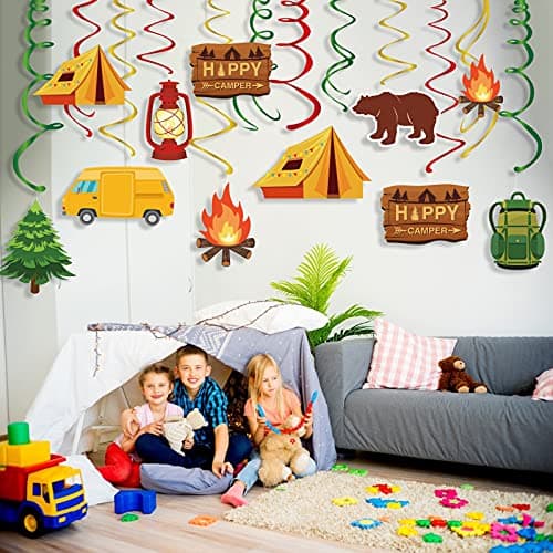 30CT Camping Swirl Party Decorations, Happy Camper Foil Swirls for birthdays & baby showers