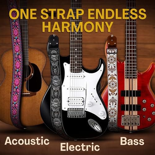 Vintage Woven Embroidered Guitar Strap - White,Adjustable for Acoustic, Electric & Bass Guitars Includes Picks