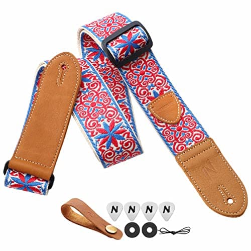 Vintage Yellow Embroidered Guitar Strap Set - Best Gift for Guitarists — A#-vintage Blue Red Embroidery