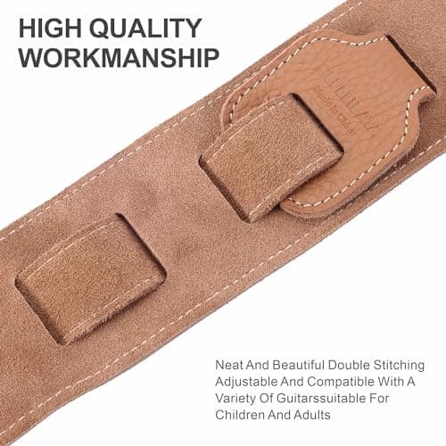 3-Inch Leather Guitar Strap with Padding and Cable Loop for Acoustic, Bass, and Electric Guitars (Tan) - Suitable for Kids, Men, and Women
