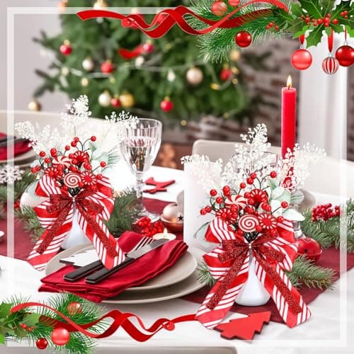 Christmas Mason Jars Decor Set with Peppermint Candy and Faux Plants for Holiday Table Centerpiece