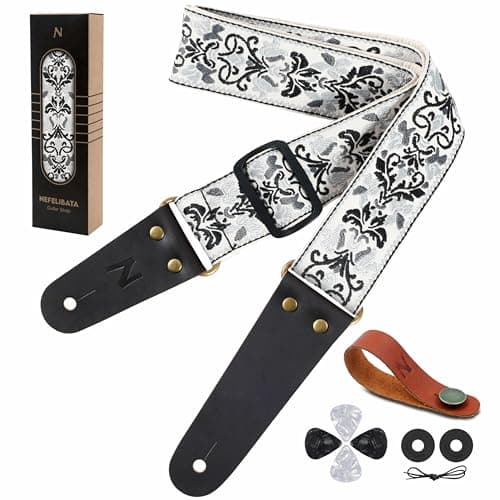 Nefelibata Embroidered Cotton Guitar Strap with Cowhide Ends (Saffron) — D# - White Flower