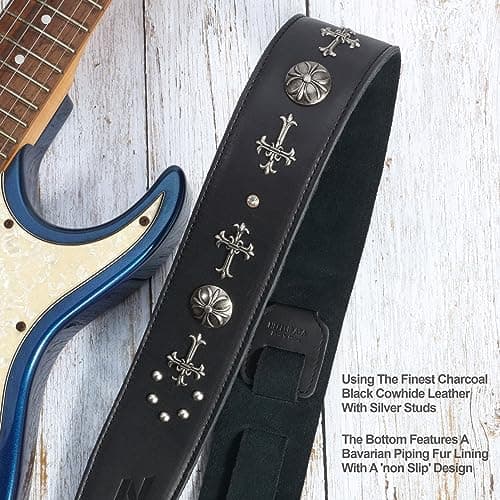 Nefelibata Leather Guitar Strap with Foam Padding and Cross Silver Rivets