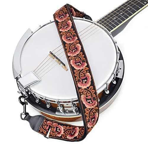 Banjo Strap Guitar Strap with Leather Ends and Metal Clips (Flowers)