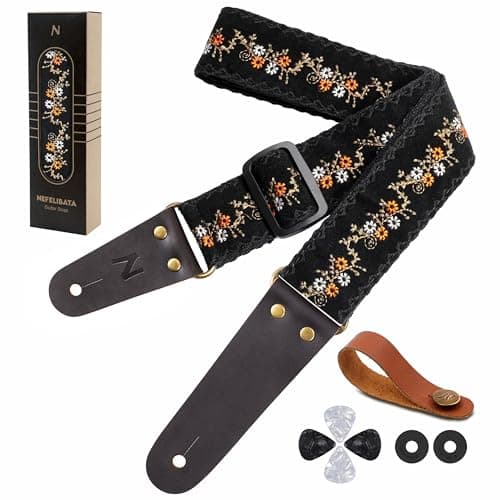 Nefelibata Embroidered Cotton Guitar Strap with Cowhide Ends (Saffron) — Y#-fantasy Blue Flower