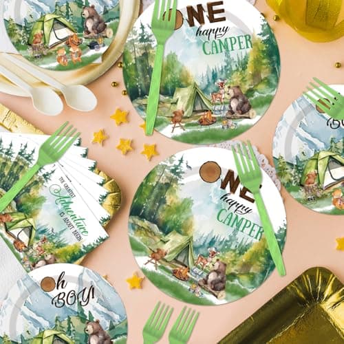 One Happy Camper 1st Birthday Decorations - 96PCS Plates & Napkins Set
