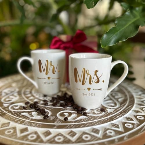 Mr & Mrs Coffee Mugs Set, Gold Foil Design Wedding Gifts for Bride Groom Couples