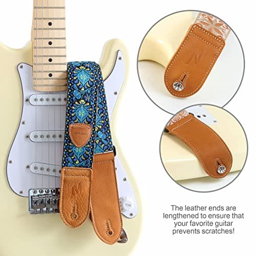 Nefelibata Vintage Woven Guitar Strap with Bonus Picks & Locks,Vintage Blue Yellow Embroidery