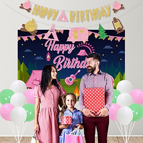 Happy Birthday Camping Party Decorations - Pink Banner & Backdrop, Cake Topper, Garland & Cupcake Topper