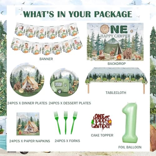 One Happy Camper 1st Birthday Camp Themed Decor - Banner, Balloons, More