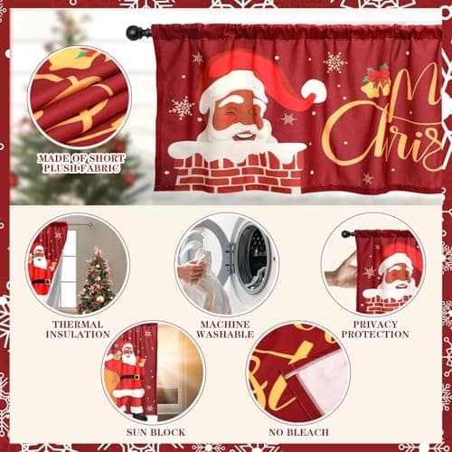 Nefelibata Black Santa Christmas Kitchen Curtains for African American Decor – Set of 2 Panels and 1 Tier Valance