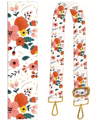 BeauBeast 2" Wide Adjustable Gold Buckle Crossbody Bag Strap — Red Cute Flowers