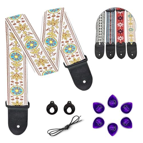 Embroidered Jacquard Guitar Strap for Electric & Acoustic Guitars — White