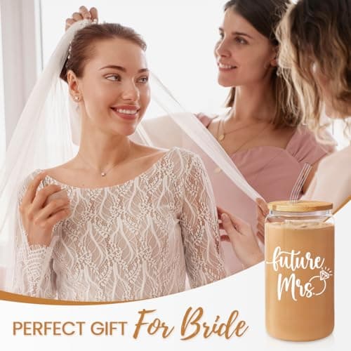 Future Mrs Glass Coffee Cup with Bamboo Lid and Straw - Bridal Shower Gift for Bride-to-be