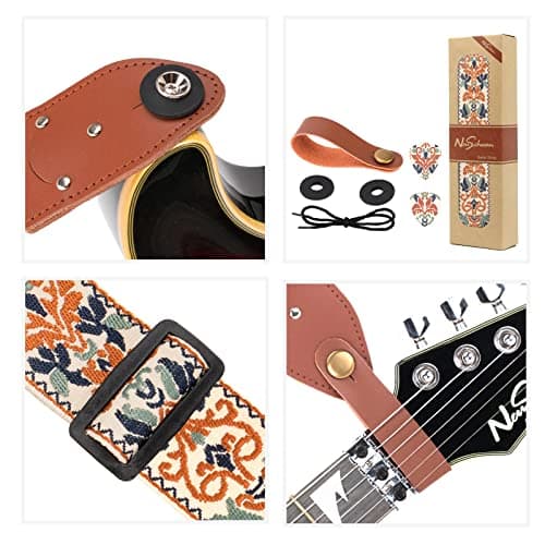 Jacquard Embroidered Cotton Guitar Strap with Pick & Locks for Bass, Electric & Acoustic Guitars