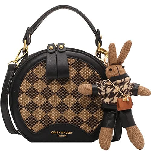 RTGGSEL Quilted Lattice Shoulder Bag for Women with Bunny Pendant — Round Black