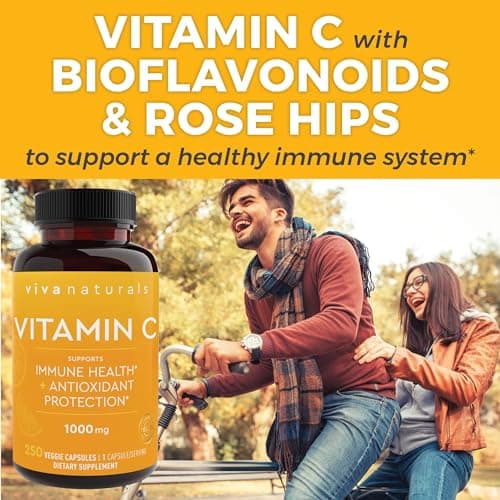 Viva Naturals Non-GMO Vitamin C 1000mg with Bioflavonoids & Rose HIPS, 250 Capsules