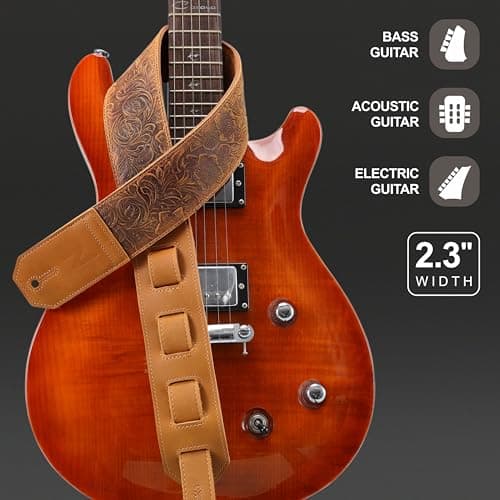 Nefelibata Full-Grain Leather Guitar Strap, 2.3" Wide, Soft Padded (Sahara Yellow Embossed)