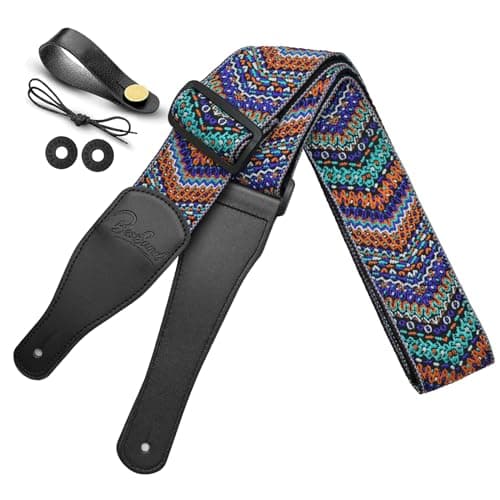 Jacquard Embroidered Guitar Strap with Leather Ends — Retro Wave