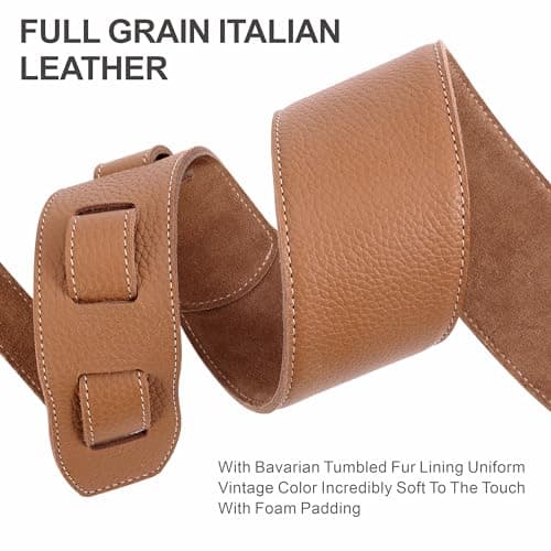 3-Inch Leather Guitar Strap with Padding and Cable Loop for Acoustic, Bass, and Electric Guitars (Tan) - Suitable for Kids, Men, and Women