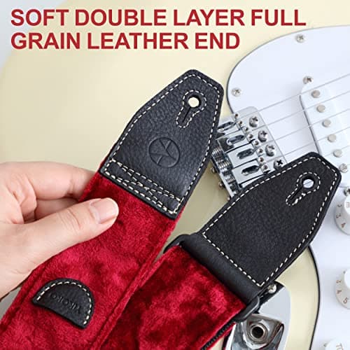 2 Inch Velvet Guitar Strap with Full Grain Leather Ends - Bass, Electric & Acoustic Compatible