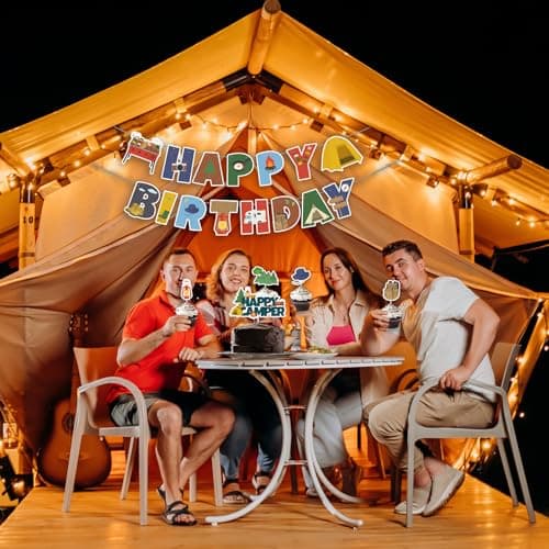 Camping Birthday Banner & Cake Topper Kit - Red, Orange, Brown, Green, Blue - 26 Pieces