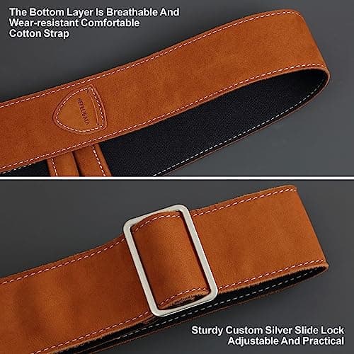 Nefelibata Guitar Strap: Full Grain Leather, 2 Width, with Pick Pocket - for Bass, Electric & Acoustic Guitar (Coffee Brown)