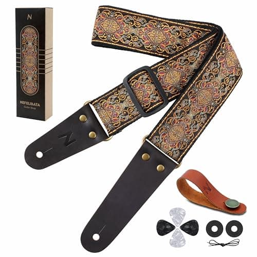 Nefelibata Guitar Strap with Hidden Pocket for Bass, Electric, and Acoustic Guitars — Gold Flower