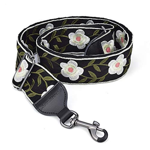 Banjo Strap Guitar Strap with Leather Ends and Metal Clips (Flowers) — White Flowers
