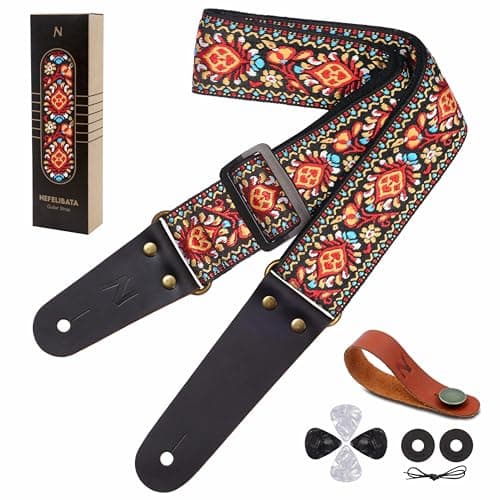 Embroidered Cotton Guitar Strap with Leather Ends for Bass, Electric & Acoustic Guitars (Saffron) - for Musicians
