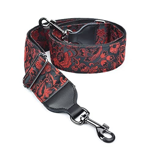 Banjo Strap Guitar Strap with Leather Ends and Metal Clips (Flowers) — Red Flowers in Black