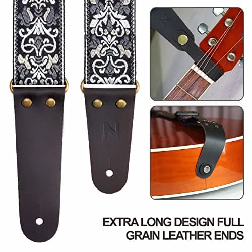 Embroidered Guitar Strap with Leather Ends & Pocket, for Bass & Electric Guitars