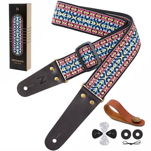Nefelibata Embroidered Cotton Guitar Strap with Cowhide Ends (Saffron) — Red & Black Woven Pattern