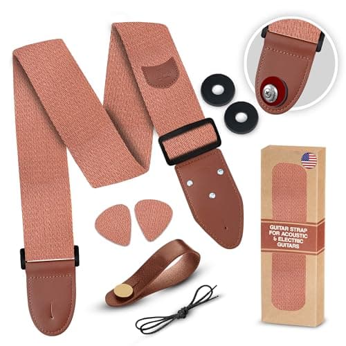 Vintage Woven Embroidered Guitar Strap - White,Adjustable for Acoustic, Electric & Bass Guitars Includes Picks — A Orange Brown