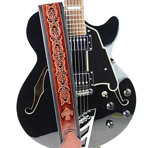 Walker And Williams Bourbon Brown Padded Guitar Strap with Fleur De Lis Design